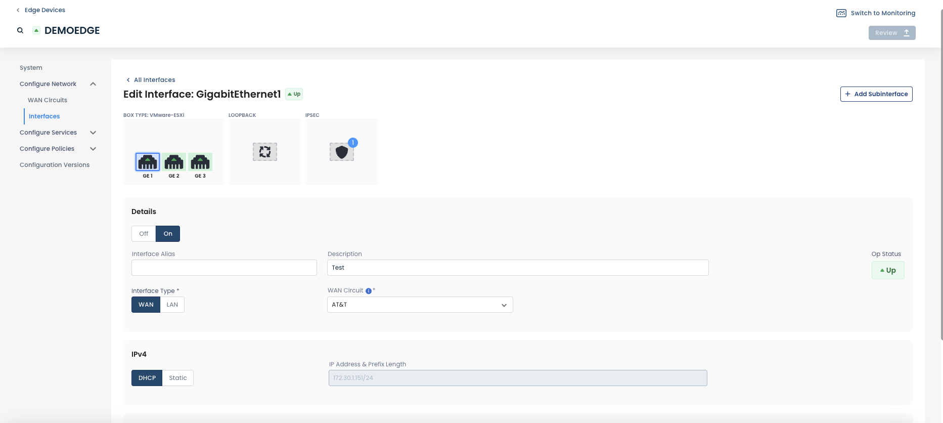 Editing GigabitEthernet1 interface settings including status, type, and IP address configuration.